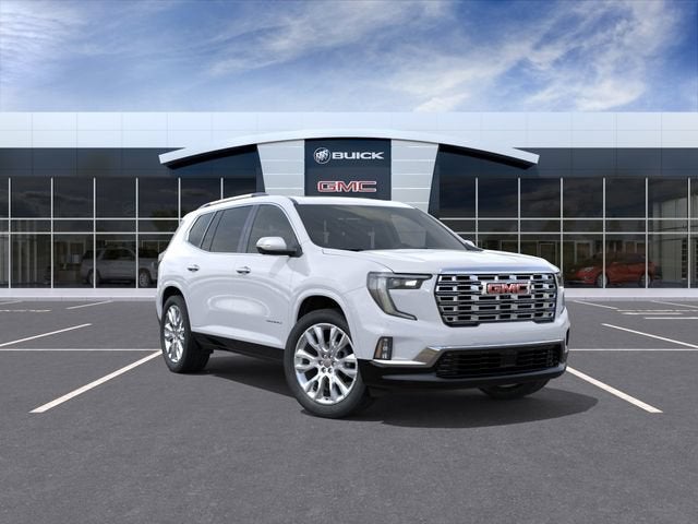 2026 GMC Acadia Denali in Glacier White Tricoat — front three-quarter view